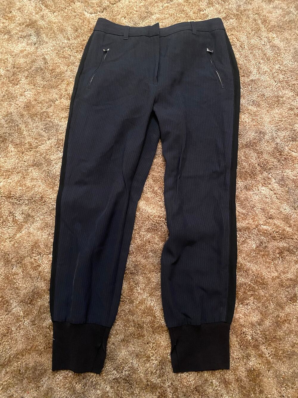 3.1 Phillip Lim Navy Tailored Pin Stripe Jogger Pants Zipper Pockets Ribbed Cuff